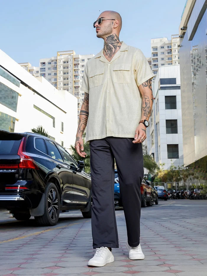 House Of Koala Linen Blend Beige Cuban Collar Classic Relaxed Fit Shirt