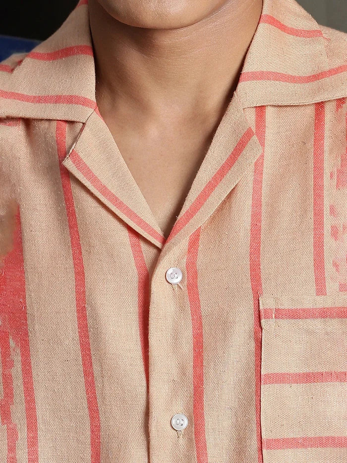 House Of Koala Linen Blend Beige Orange Striped Cuban Collar Classic Relaxed Fit Resort Shirt