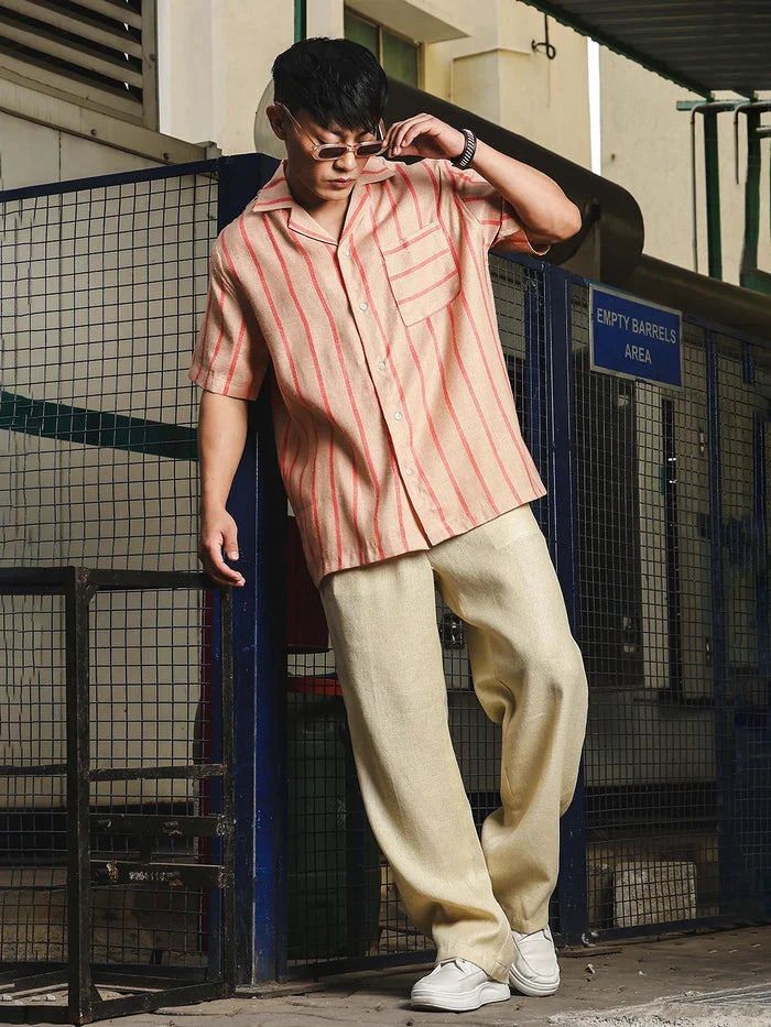 House Of Koala Linen Blend Beige Orange Striped Cuban Collar Classic Relaxed Fit Resort Shirt