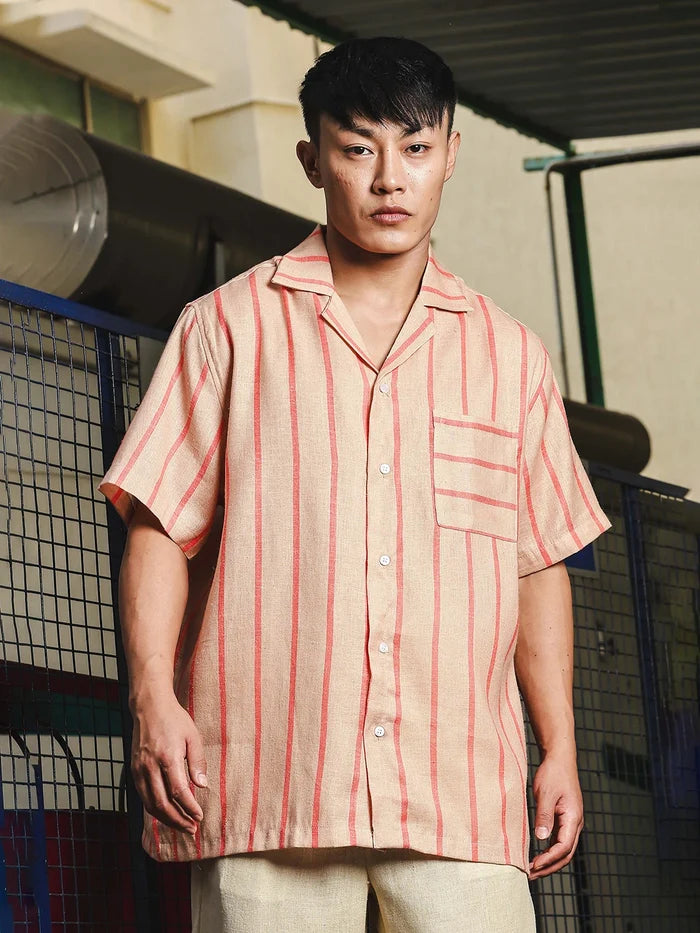 House Of Koala Linen Blend Beige Orange Striped Cuban Collar Classic Relaxed Fit Resort Shirt