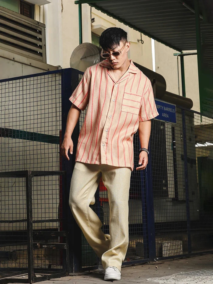 House Of Koala Linen Blend Beige Orange Striped Cuban Collar Classic Relaxed Fit Resort Shirt