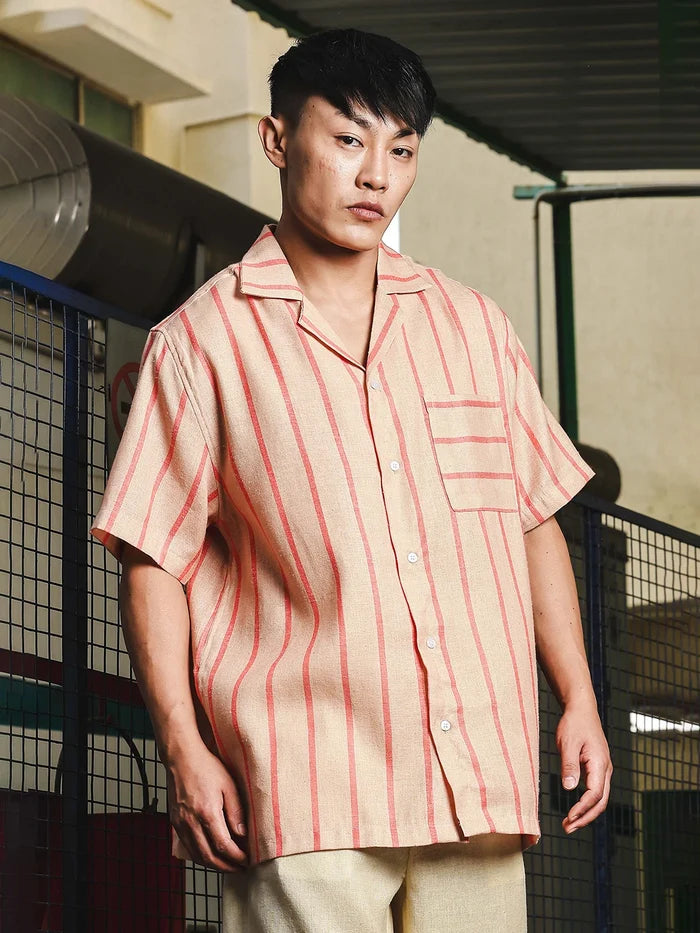 House Of Koala Linen Blend Beige Orange Striped Cuban Collar Classic Relaxed Fit Resort Shirt