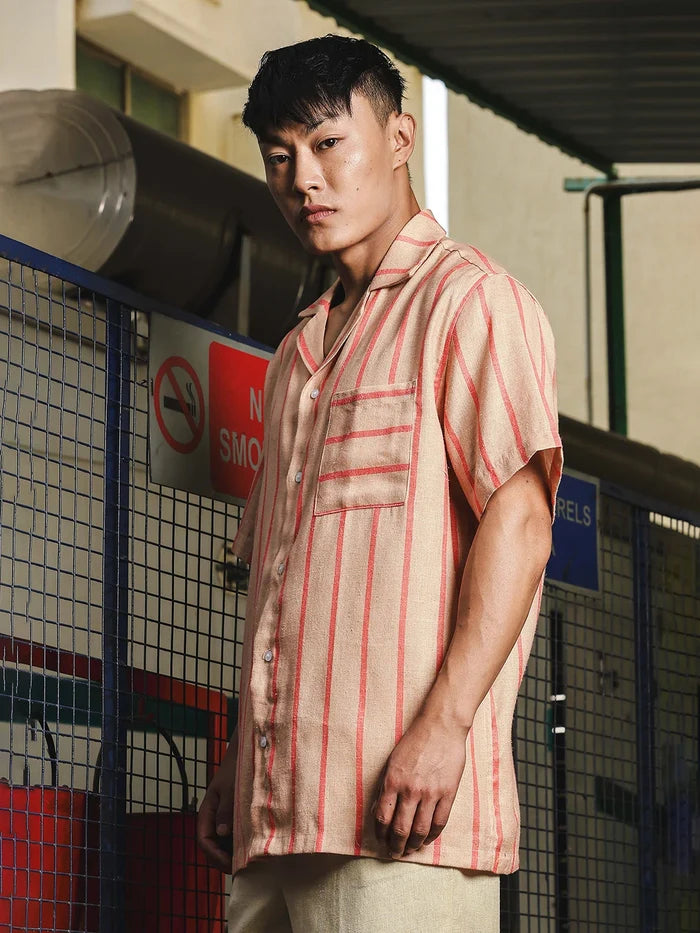 House Of Koala Linen Blend Beige Orange Striped Cuban Collar Classic Relaxed Fit Resort Shirt