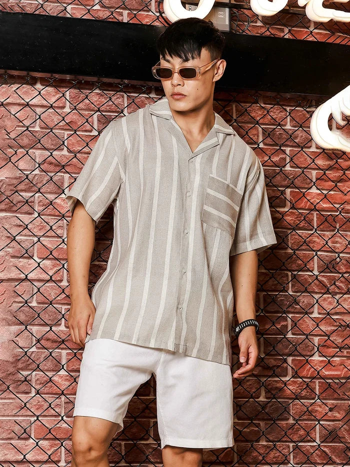House Of Koala Linen Blend Beige White Striped Cuban Collar Classic Relaxed Fit Resort Shirt