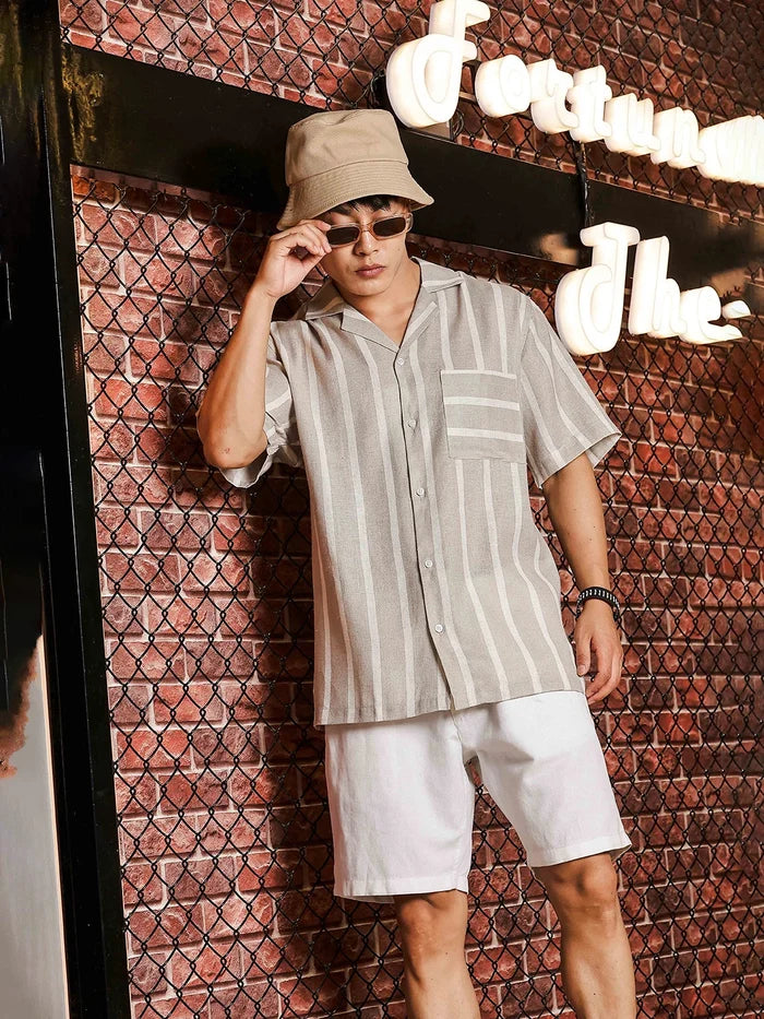 House Of Koala Linen Blend Beige White Striped Cuban Collar Classic Relaxed Fit Resort Shirt