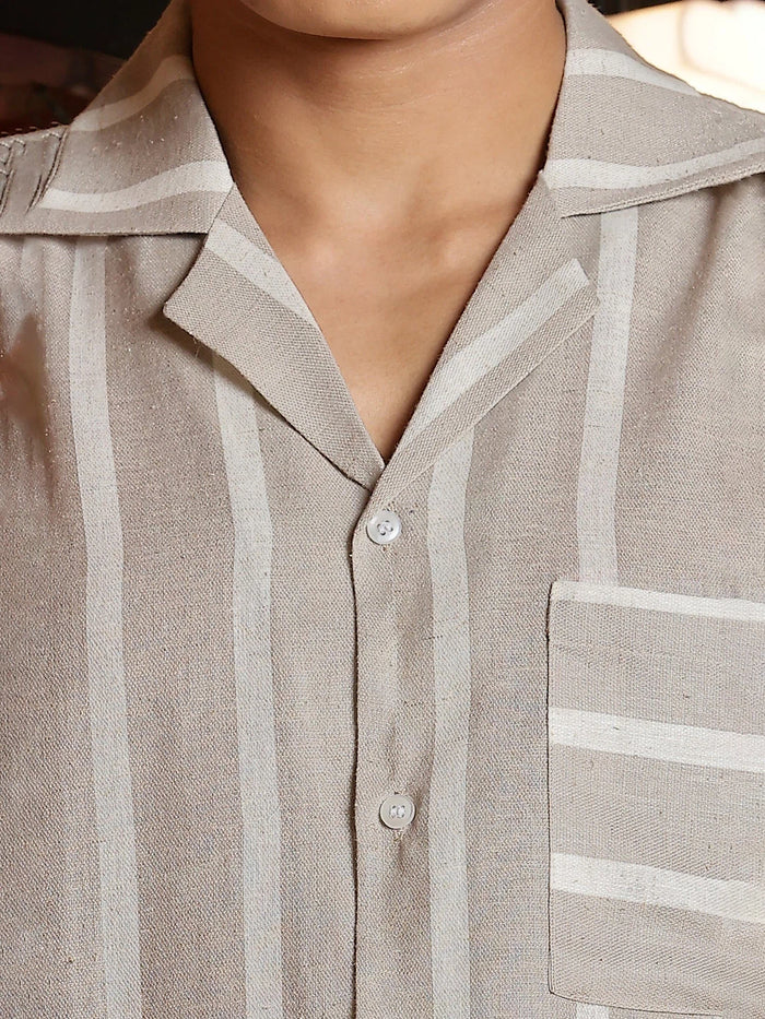 House Of Koala Linen Blend Beige White Striped Cuban Collar Classic Relaxed Fit Resort Shirt