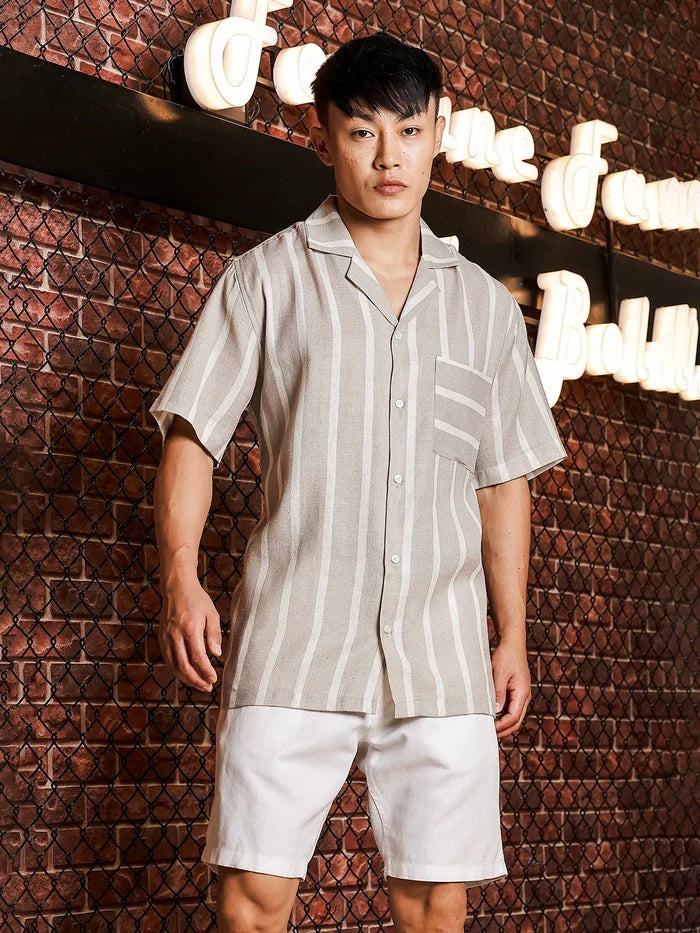 House Of Koala Linen Blend Beige White Striped Cuban Collar Classic Relaxed Fit Resort Shirt