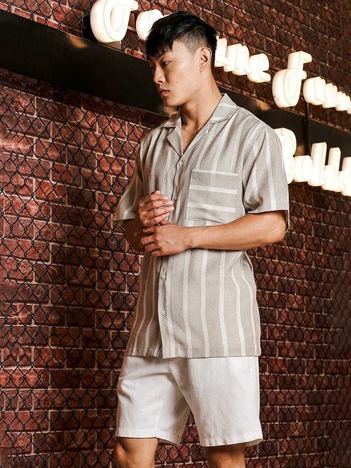 House Of Koala Linen Blend Beige White Striped Cuban Collar Classic Relaxed Fit Resort Shirt