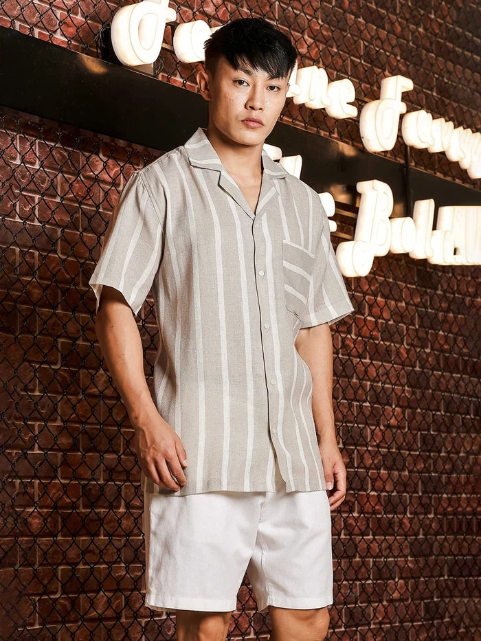 House Of Koala Linen Blend Beige White Striped Cuban Collar Classic Relaxed Fit Resort Shirt