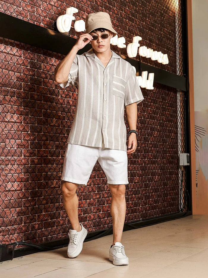 House Of Koala Linen Blend Beige White Striped Cuban Collar Classic Relaxed Fit Resort Shirt
