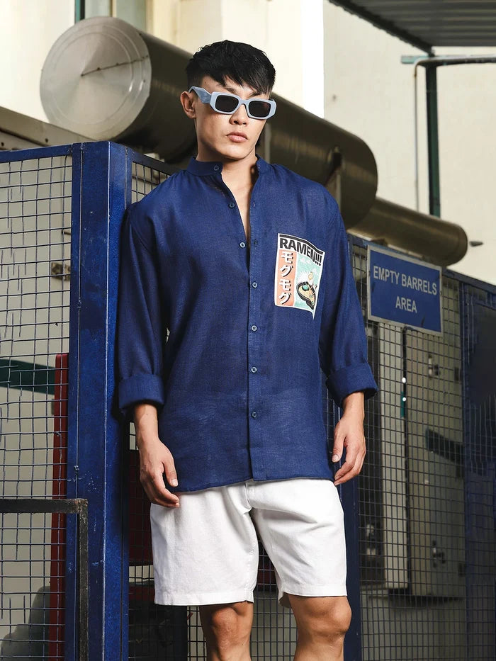House Of Koala Linen Blend Blue Mandarin Collar Relaxed Fit Shirt with Applique Pocket