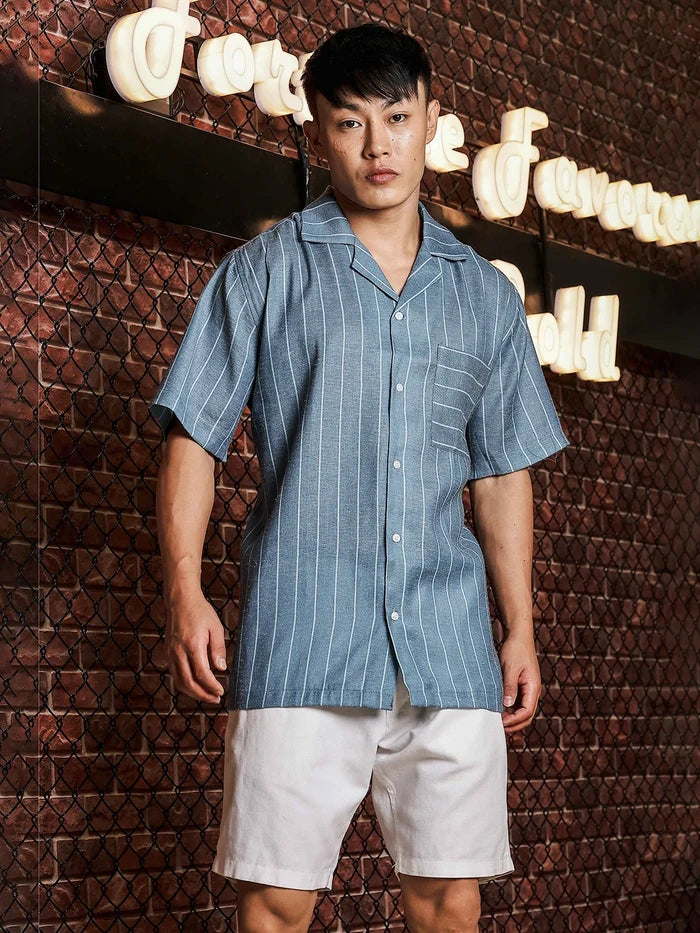 House Of Koala Linen Blend Blue Striped Cuban Collar Classic Relaxed Fit Resort Shirt