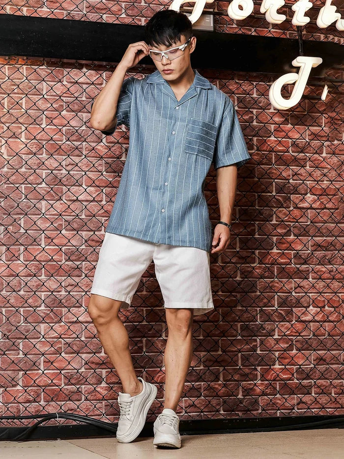 House Of Koala Linen Blend Blue Striped Cuban Collar Classic Relaxed Fit Resort Shirt