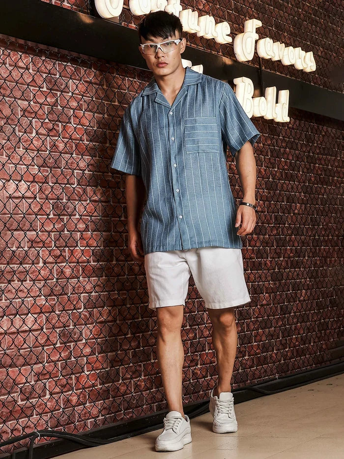 House Of Koala Linen Blend Blue Striped Cuban Collar Classic Relaxed Fit Resort Shirt