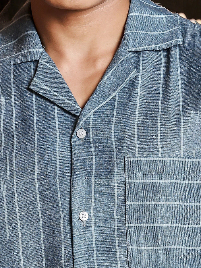 House Of Koala Linen Blend Blue Striped Cuban Collar Classic Relaxed Fit Resort Shirt