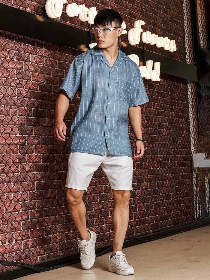 House Of Koala Linen Blend Blue Striped Cuban Collar Classic Relaxed Fit Resort Shirt