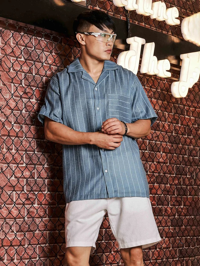 House Of Koala Linen Blend Blue Striped Cuban Collar Classic Relaxed Fit Resort Shirt