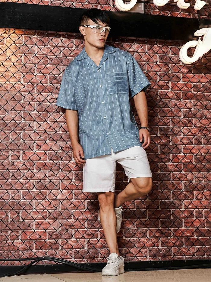 House Of Koala Linen Blend Blue Striped Cuban Collar Classic Relaxed Fit Resort Shirt