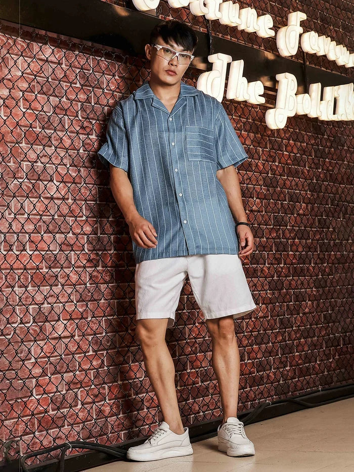 House Of Koala Linen Blend Blue Striped Cuban Collar Classic Relaxed Fit Resort Shirt