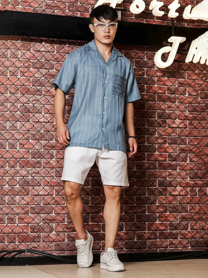 House Of Koala Linen Blend Blue Striped Cuban Collar Classic Relaxed Fit Resort Shirt