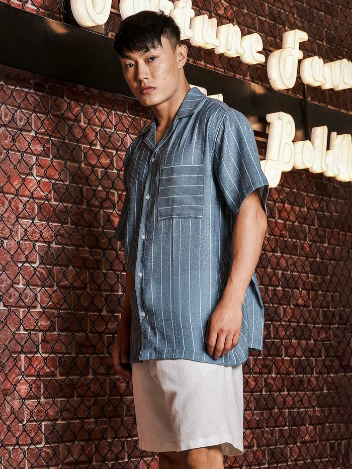 House Of Koala Linen Blend Blue Striped Cuban Collar Classic Relaxed Fit Resort Shirt