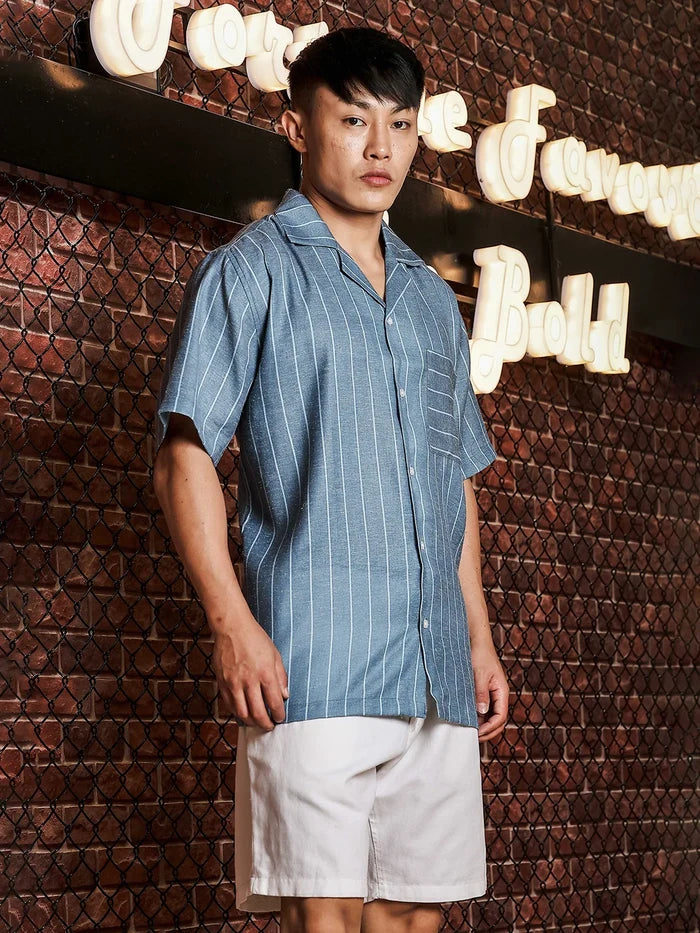 House Of Koala Linen Blend Blue Striped Cuban Collar Classic Relaxed Fit Resort Shirt
