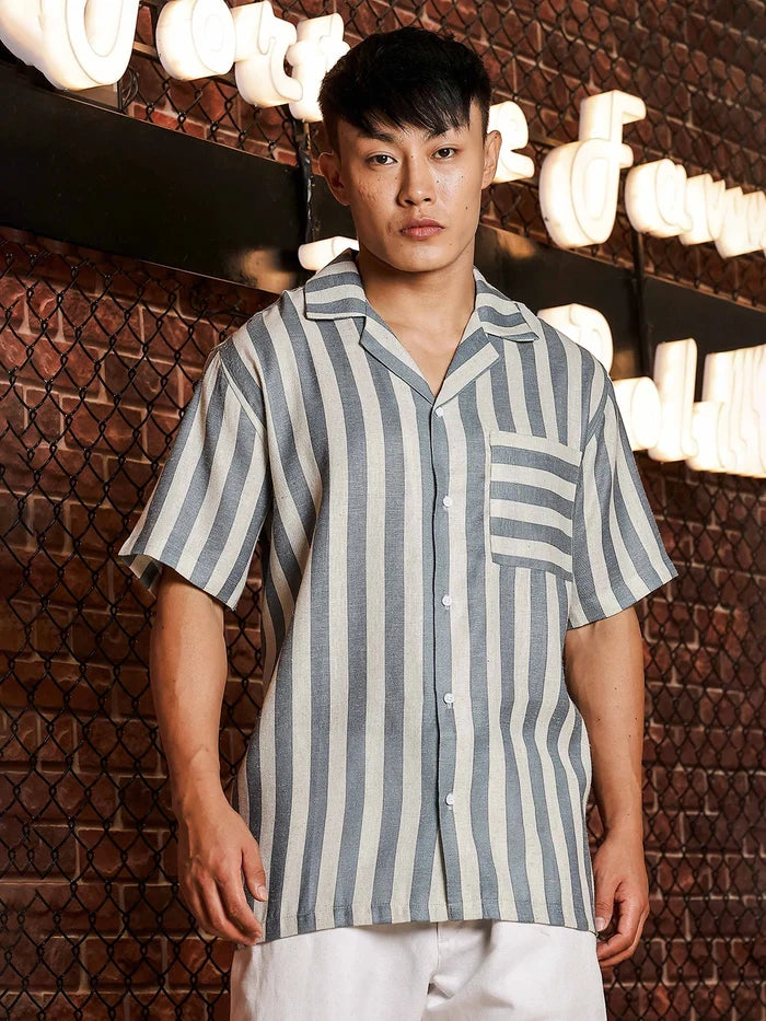 House Of Koala Linen Blend Blue White Striped Cuban Collar Classic Relaxed Fit Resort Shirt