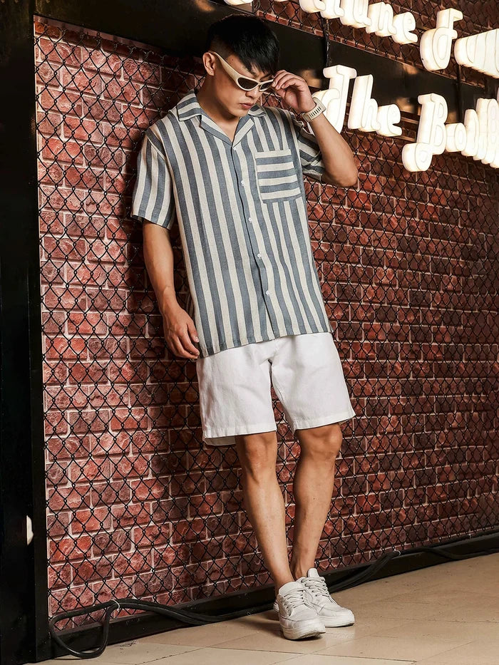 House Of Koala Linen Blend Blue White Striped Cuban Collar Classic Relaxed Fit Resort Shirt