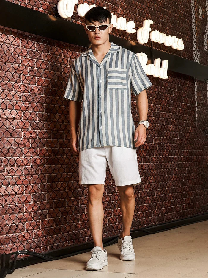 House Of Koala Linen Blend Blue White Striped Cuban Collar Classic Relaxed Fit Resort Shirt