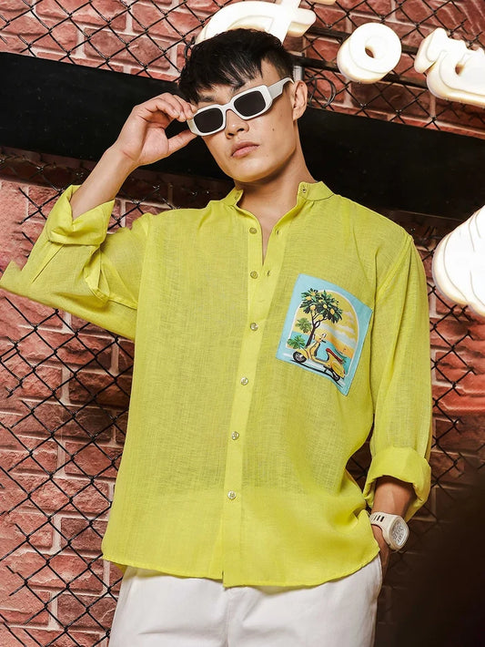 House Of Koala Linen Blend Lime Green Mandarin Collar Relaxed Fit Shirt
