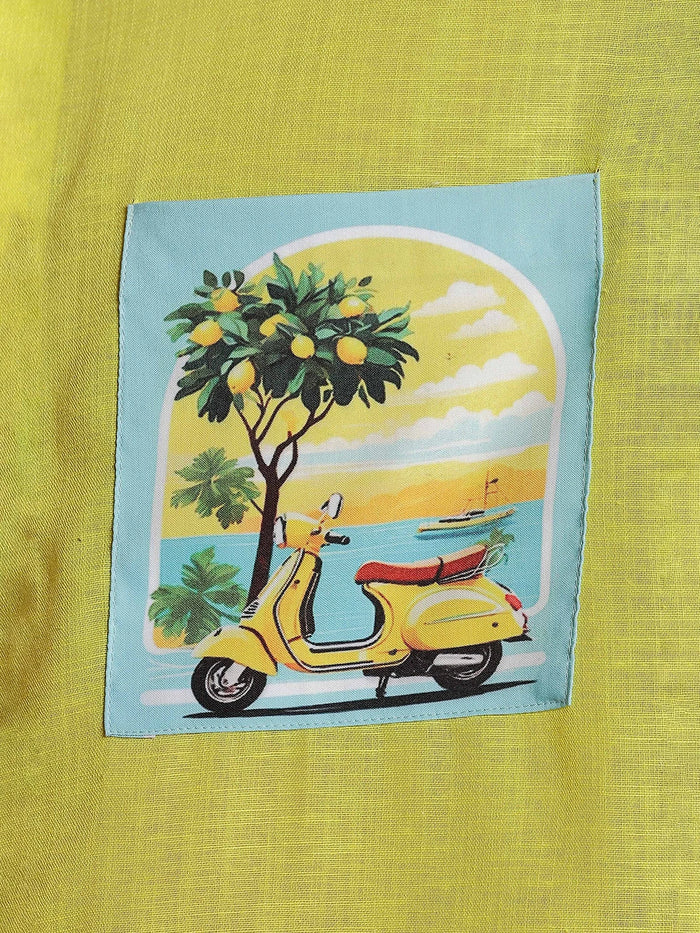House Of Koala Linen Blend Lime Green Mandarin Collar Relaxed Fit Shirt