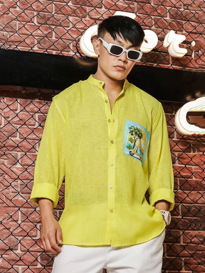 House Of Koala Linen Blend Lime Green Mandarin Collar Relaxed Fit Shirt