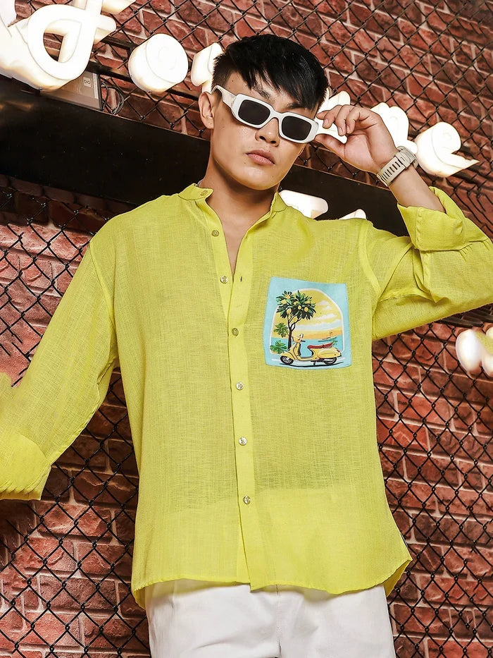 House Of Koala Linen Blend Lime Green Mandarin Collar Relaxed Fit Shirt