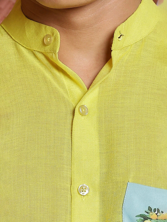 House Of Koala Linen Blend Lime Green Mandarin Collar Relaxed Fit Shirt
