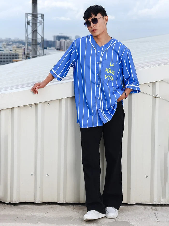 House Of Koala Men Stripe Printed Blue Classic Oversized Fit Baseball Shirt