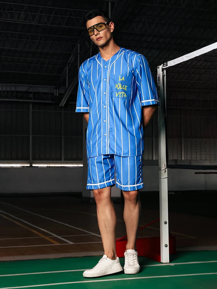 House Of Koala Men Stripe Printed Blue Classic Oversized Fit Baseball Shirt