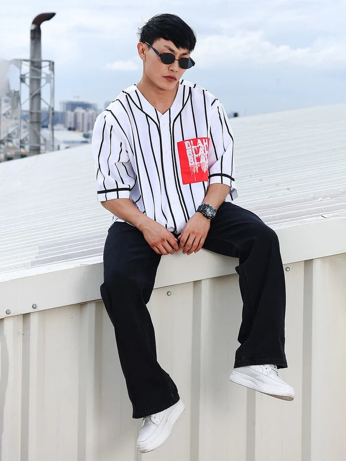 House Of Koala Men Stripe Printed White Classic Oversized Fit Baseball Shirt