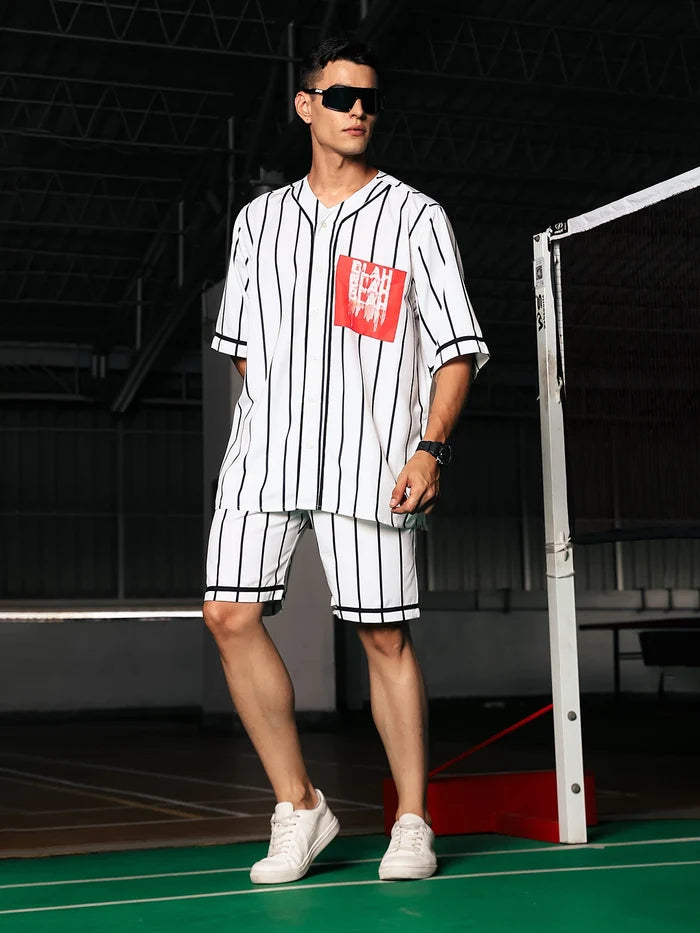 House Of Koala Men Stripe Printed White Classic Oversized Fit Baseball Shirt