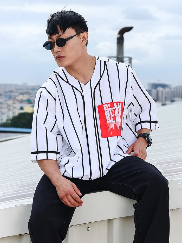 House Of Koala Men Stripe Printed White Classic Oversized Fit Baseball Shirt