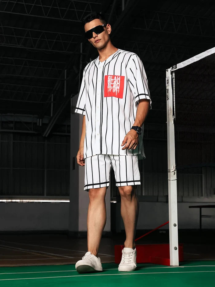 House Of Koala Men Stripe Printed White Classic Oversized Fit Baseball Shirt