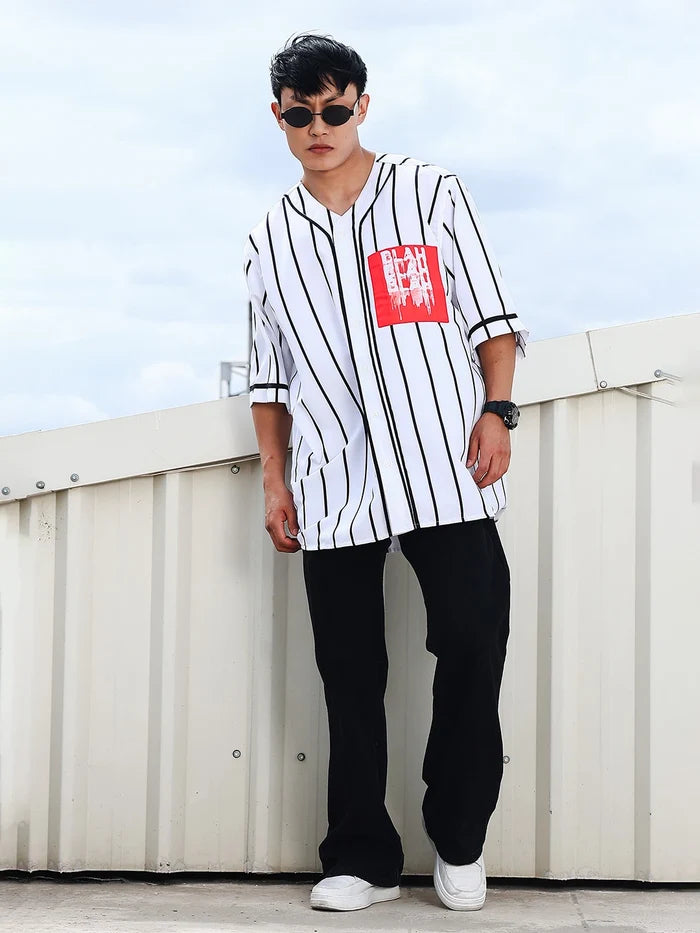 House Of Koala Men Stripe Printed White Classic Oversized Fit Baseball Shirt