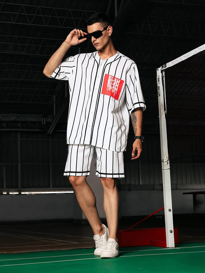 House Of Koala Men Stripe Printed White Classic Oversized Fit Baseball Shirt