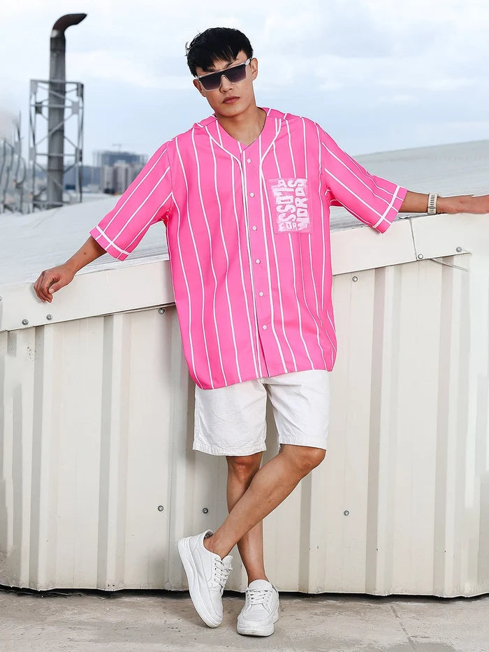 House Of Koala Men Striped Printed Pink Classic Oversized Fit Baseball Shirt