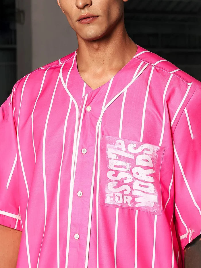House Of Koala Men Striped Printed Pink Classic Oversized Fit Baseball Shirt