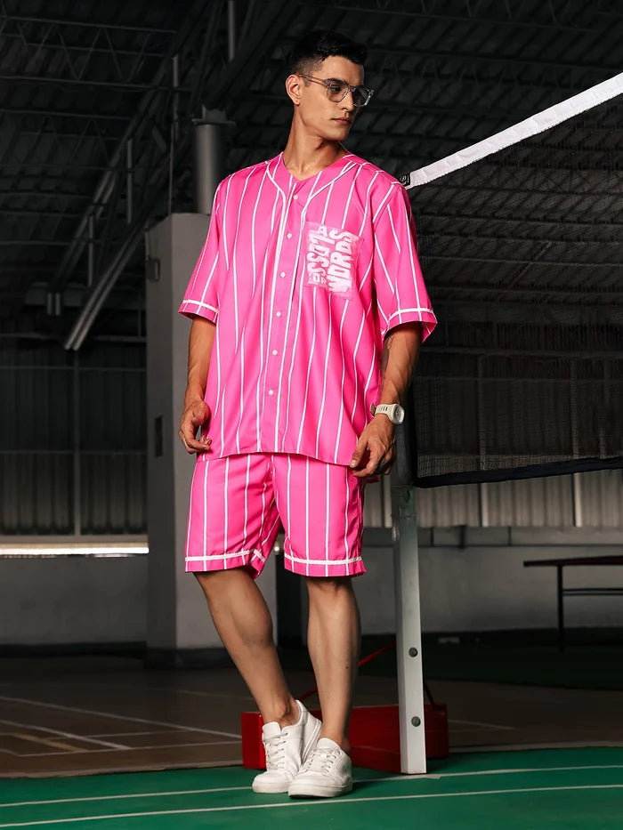 House Of Koala Men Striped Printed Pink Classic Oversized Fit Baseball Shirt