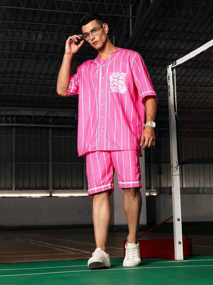 House Of Koala Men Striped Printed Pink Classic Oversized Fit Baseball Shirt