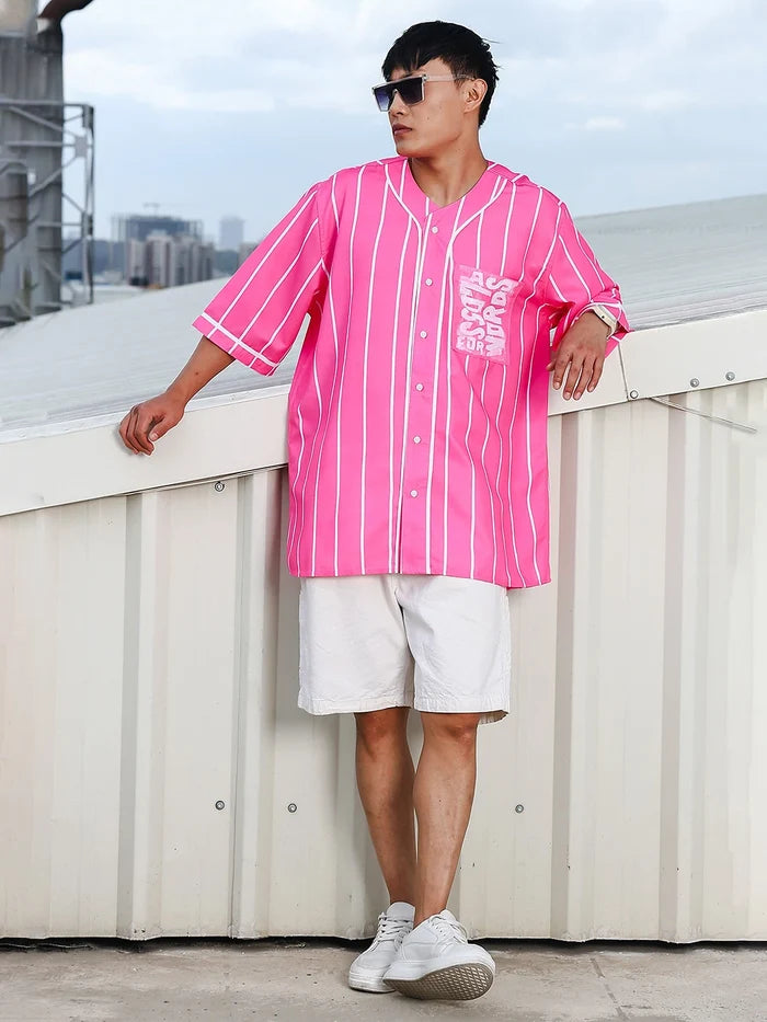 House Of Koala Men Striped Printed Pink Classic Oversized Fit Baseball Shirt