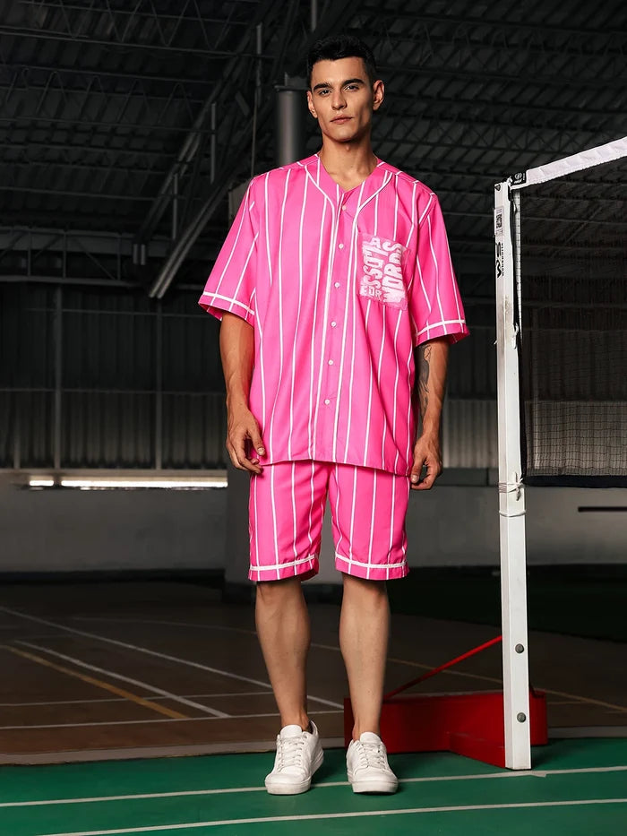 House Of Koala Men Striped Printed Pink Classic Oversized Fit Baseball Shirt