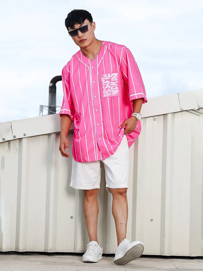 House Of Koala Men Striped Printed Pink Classic Oversized Fit Baseball Shirt