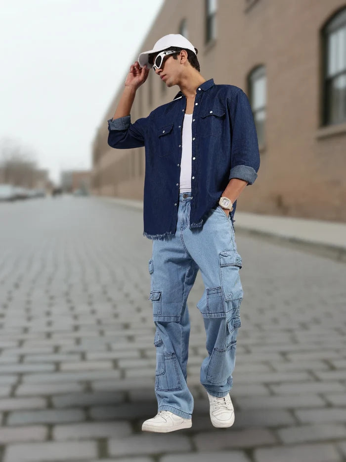 House Of Koala Navy Blue Raw Edge Oversized Relaxed Fit Spread Collar Premium Denim Full Sleeve Shirt